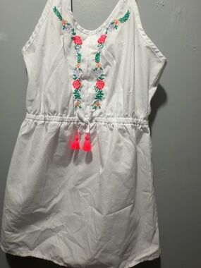White Embroidered Floral Tie-Waist Kids Dress